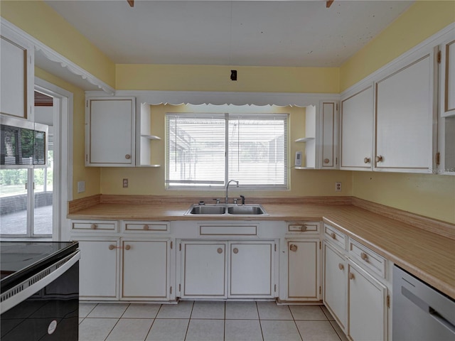 kitchen with white cabinetry, sink, range with electric cooktop, white dishwasher, and light tile patterned flooring