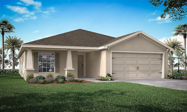 single story home featuring a garage and a front yard