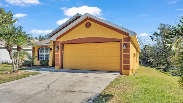 ranch-style house featuring a garage and a front yard