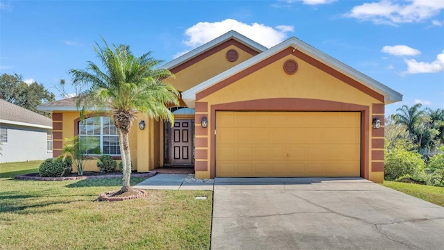 ranch-style house with a garage and a front lawn