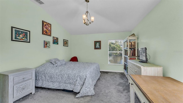 bedroom with carpet, lofted ceiling, and an inviting chandelier