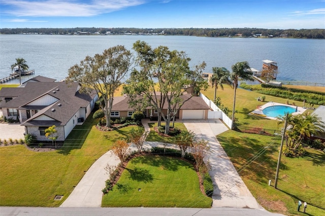 aerial view featuring a water view