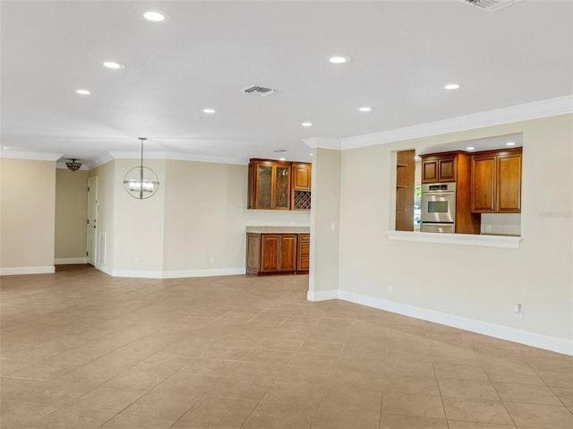 unfurnished living room with light tile patterned floors, a notable chandelier, and ornamental molding