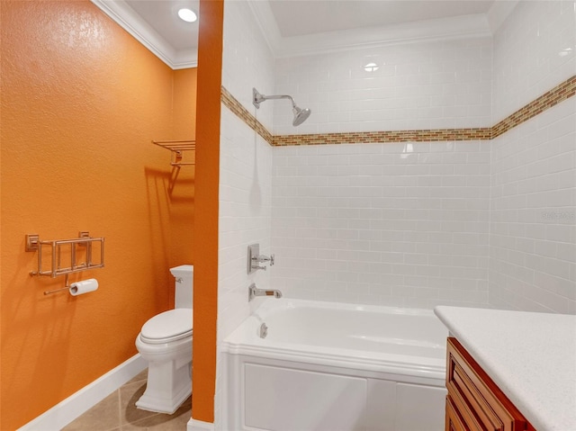 full bathroom with vanity, tile patterned flooring, tiled shower / bath combo, toilet, and ornamental molding