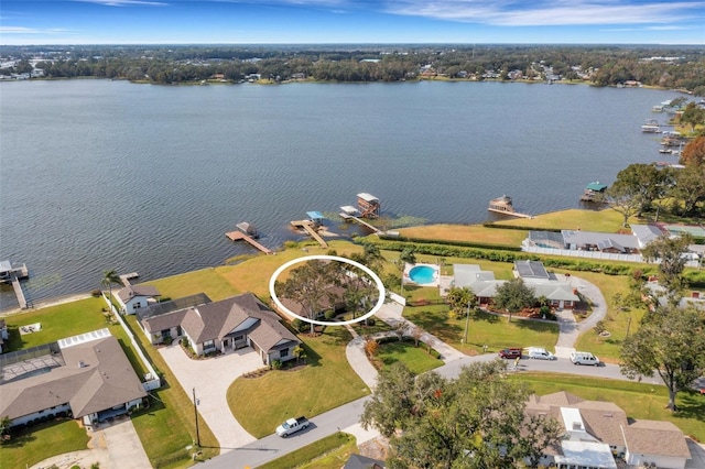 drone / aerial view featuring a water view