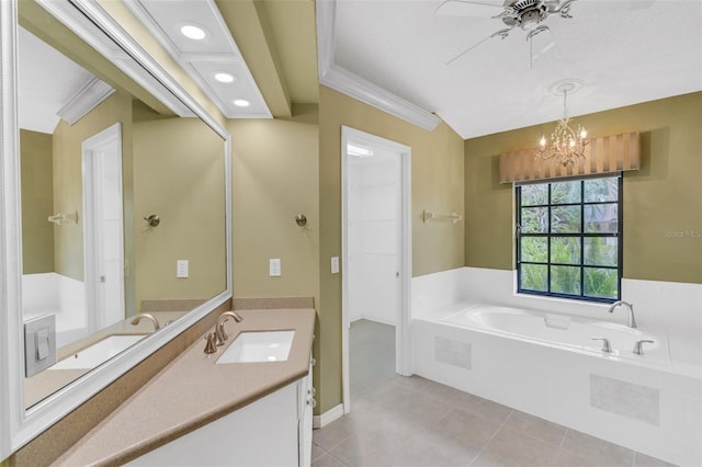 bathroom featuring ornamental molding, tile patterned floors, vanity, a bath, and ceiling fan with notable chandelier