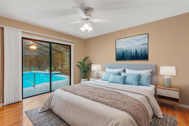 bedroom with light wood-style floors, access to outside, ceiling fan, and baseboards