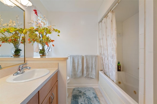 full bathroom with shower / bath combination with curtain, vanity, toilet, and tile patterned floors