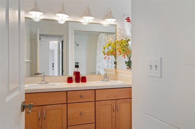 full bathroom featuring double vanity, a sink, and a shower with curtain