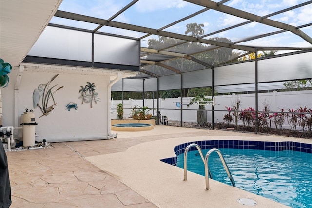 view of swimming pool with glass enclosure, fence, a fenced in pool, and a patio