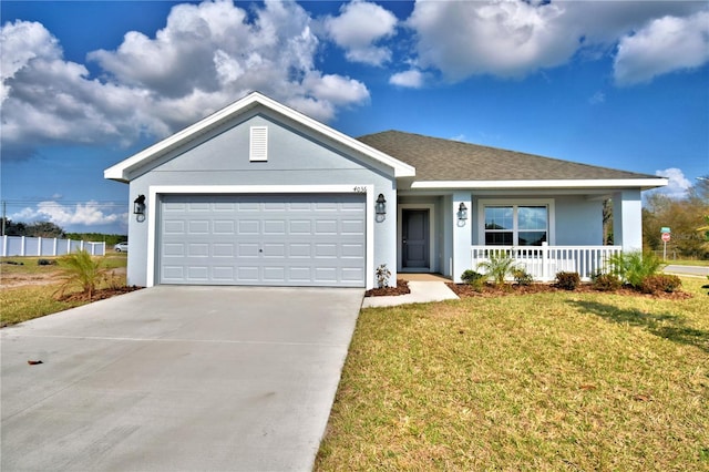 ranch-style house with a garage, covered porch, and a front lawn