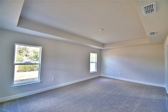 carpeted empty room with a tray ceiling