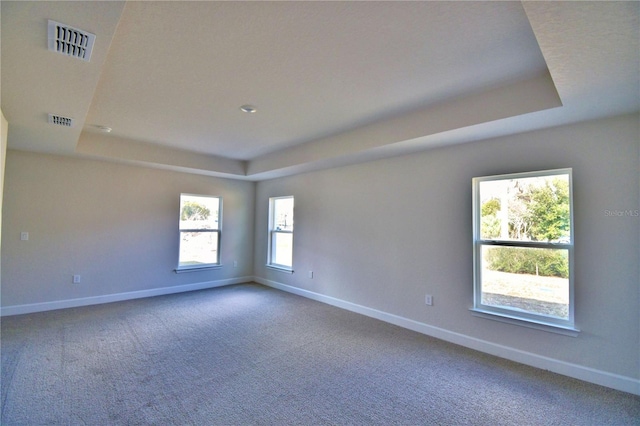 empty room with a tray ceiling and carpet