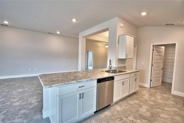 kitchen featuring white cabinetry, sink, light stone countertops, and dishwasher