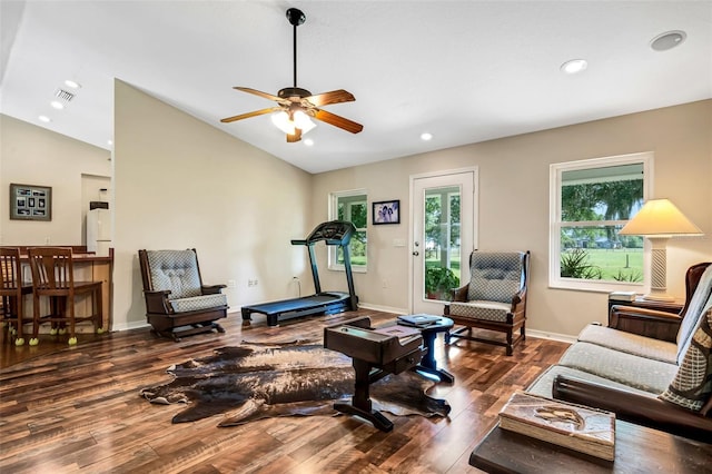 exercise room featuring ceiling fan, lofted ceiling, and dark wood-type flooring