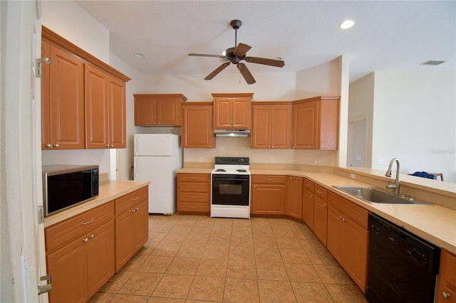 kitchen with ceiling fan, light tile patterned flooring, white appliances, and sink