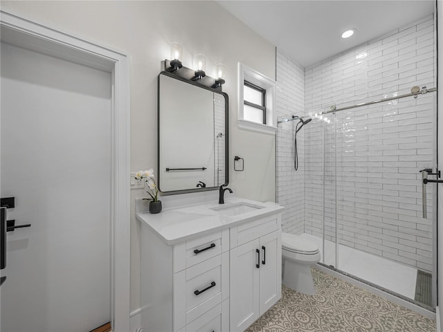 2728 Sunrise Landing Ln, Lakeland, FL 33812 - bathroom with toilet, a shower stall, vanity, recessed lighting, and tile patterned floors