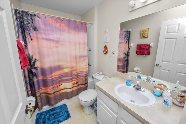 full bathroom with vanity, shower / bath combo, and toilet