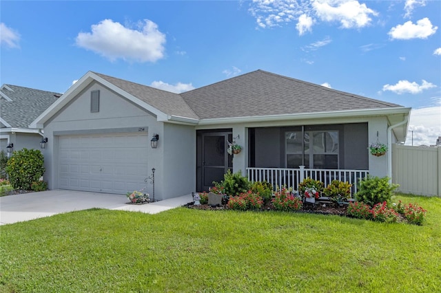 single story home with a front yard, a porch, and a garage