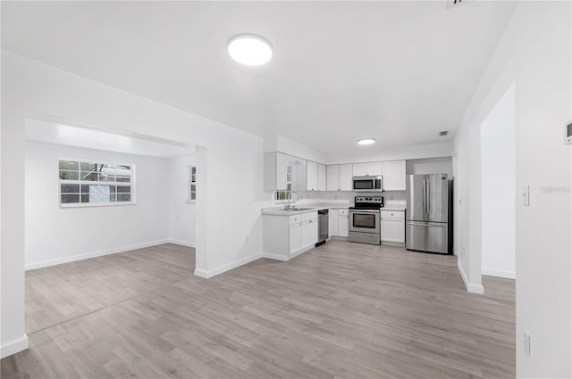 kitchen with white cabinetry, sink, light wood-type flooring, and appliances with stainless steel finishes