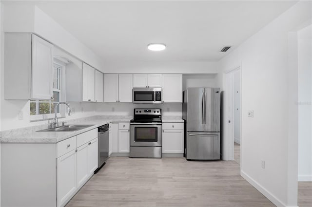 kitchen with white cabinetry, sink, light wood-type flooring, and stainless steel appliances