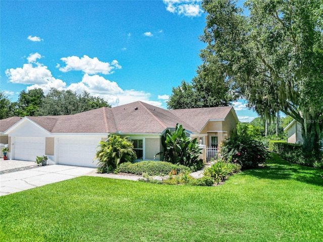 ranch-style house with a front yard and a garage