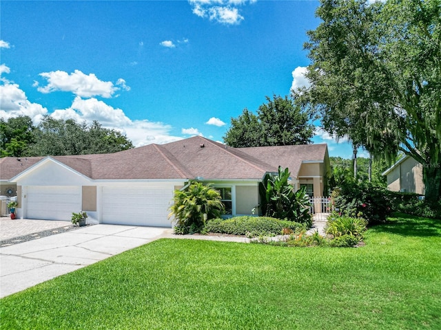 single story home featuring a garage and a front lawn