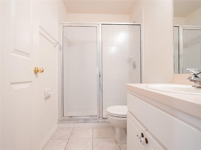 bathroom featuring tile patterned floors, vanity, toilet, and walk in shower