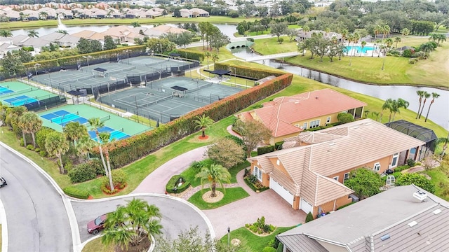 birds eye view of property featuring a water view