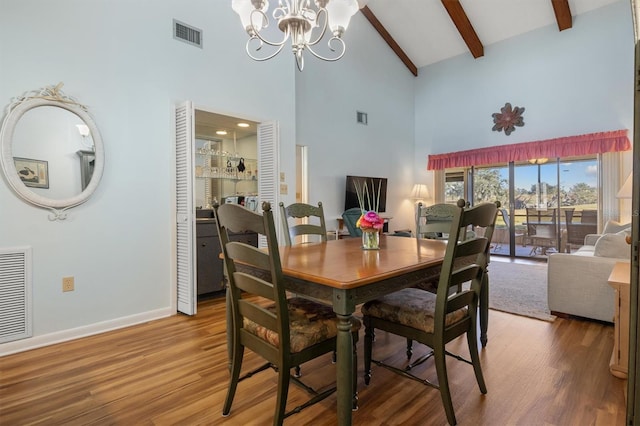 dining area featuring beamed ceiling, hardwood / wood-style floors, high vaulted ceiling, and a notable chandelier