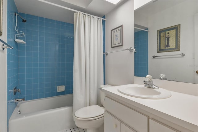 full bathroom with tile patterned flooring, vanity, toilet, and shower / bathtub combination with curtain