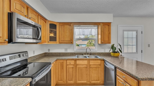 kitchen with a textured ceiling, sink, and appliances with stainless steel finishes