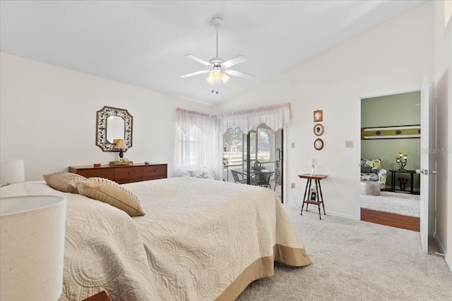 carpeted bedroom featuring ceiling fan, lofted ceiling, and access to outside