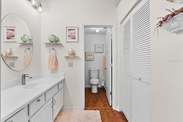 bathroom featuring hardwood / wood-style floors, vanity, and toilet