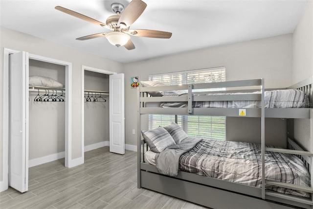 bedroom with ceiling fan and light hardwood / wood-style floors