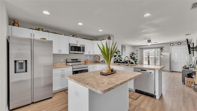 kitchen featuring white cabinetry, ceiling fan, sink, and appliances with stainless steel finishes