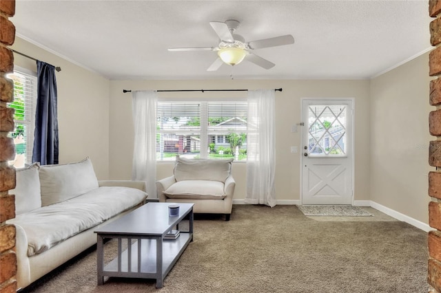 living room with carpet flooring, ceiling fan, crown molding, and a textured ceiling