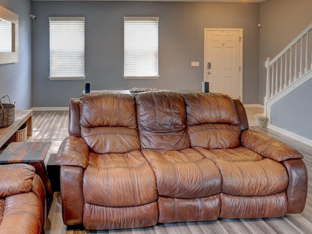 living room with light wood-type flooring and plenty of natural light