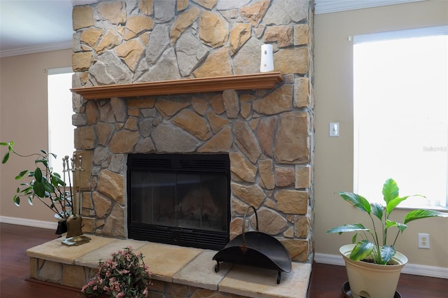 interior details featuring ornamental molding, wood-type flooring, and a fireplace