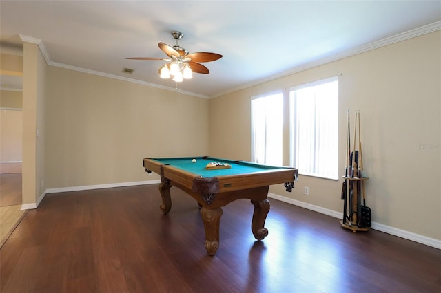 rec room with crown molding, billiards, dark hardwood / wood-style floors, and ceiling fan