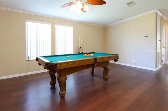 recreation room with ceiling fan, billiards, ornamental molding, and dark hardwood / wood-style floors