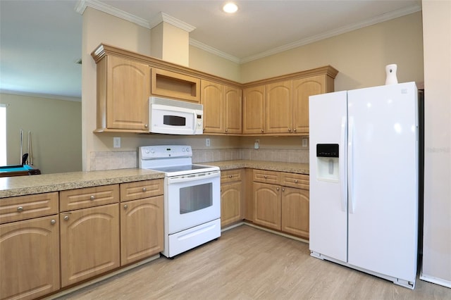 kitchen with crown molding, light wood-type flooring, light brown cabinetry, and white appliances