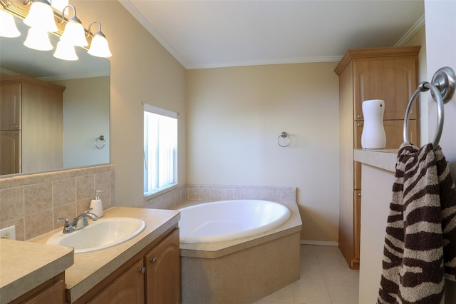 bathroom with a tub to relax in, tile patterned flooring, vanity, crown molding, and an inviting chandelier