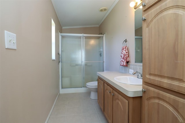 bathroom featuring an enclosed shower, tasteful backsplash, crown molding, vanity, and tile patterned flooring