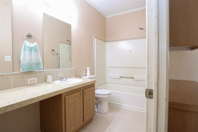 full bathroom featuring backsplash, vanity, ornamental molding, tile patterned floors, and toilet