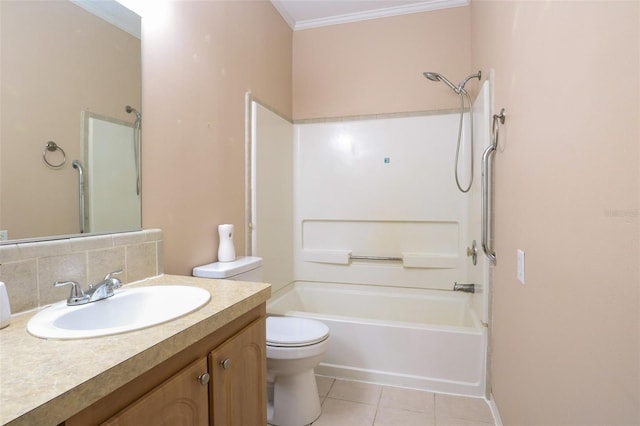 full bathroom featuring shower / tub combination, tasteful backsplash, vanity, toilet, and tile patterned floors