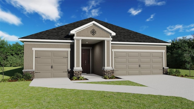 view of front of home featuring a front yard and a garage