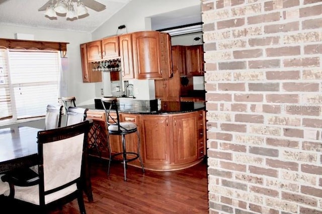 kitchen with a healthy amount of sunlight, dark hardwood / wood-style flooring, lofted ceiling, and kitchen peninsula