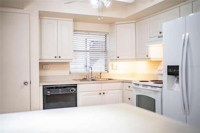 kitchen featuring white appliances, white cabinets, sink, ceiling fan, and custom range hood