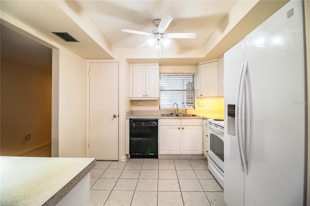 kitchen featuring white appliances, ceiling fan, sink, white cabinets, and light tile patterned flooring